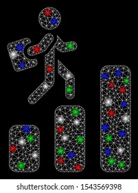 Bright mesh career chart with glare effect. White wire frame triangular mesh in vector format on a black background. Abstract 2d mesh built from polygonal grid, spheric points, colored glare spots.