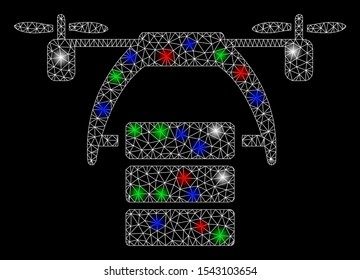 Bright mesh cargo drone with glare effect. White wire carcass polygonal network in vector format on a black background. Abstract 2d mesh designed with polygonal grid, points, colorful glare spots.