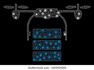 Bright mesh cargo drone with glow effect. Abstract illuminated model of cargo drone icon. Shiny wire frame polygonal mesh cargo drone abstraction in vector format on a black background.