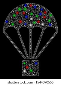Bright mesh cargo parachute with lightspot effect. White wire carcass triangular mesh in vector format on a black background. Abstract 2d mesh designed with triangular lines, spheric points,