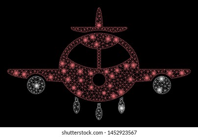Bright mesh cargo plane with glare effect. Abstract illuminated model of cargo plane icon. Shiny wire carcass triangular mesh cargo plane abstraction in vector format on a black background.