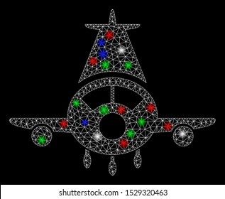 Bright mesh cargo plane with glare effect. White wire carcass triangular mesh in vector format on a black background. Abstract 2d mesh built from triangular lines, points, colorful flare spots.