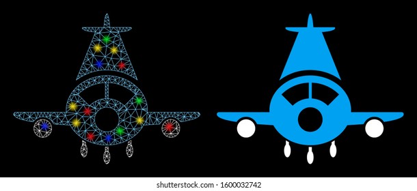 Bright mesh cargo plane icon with glow effect. Abstract illuminated model of cargo plane. Shiny wire frame polygonal mesh cargo plane icon. Vector abstraction on a black background.