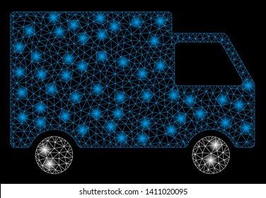 Bright mesh cargo van with glow effect. Abstract illuminated model of cargo van icon. Shiny wire carcass polygonal mesh cargo van abstraction in vector format on a black background.