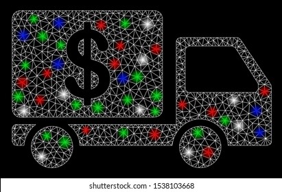 Bright mesh cash delivery car with glare effect. White wire carcass polygonal network in vector format on a black background. Abstract 2d mesh designed with polygonal grid, spheric points,