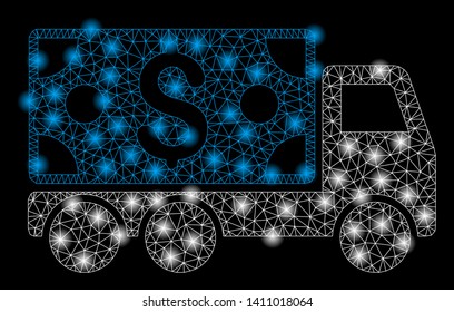 Bright mesh cash delivery with glow effect. Abstract illuminated model of cash delivery icon. Shiny wire carcass polygonal network cash delivery abstraction in vector format on a black background.
