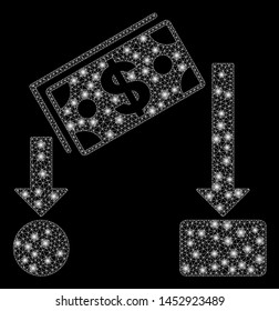 Bright mesh cash flow with glare effect. Abstract illuminated model of cash flow icon. Shiny wire frame polygonal mesh cash flow abstraction in vector format on a black background.