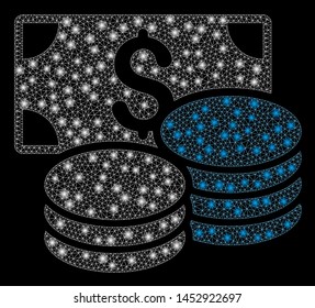 Bright mesh cash with glare effect. Abstract illuminated model of cash icon. Shiny wire frame triangular mesh cash abstraction in vector format on a black background.
