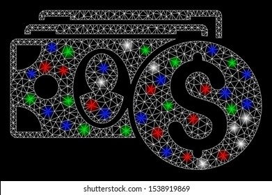 Bright mesh cash with glare effect. White wire carcass triangular network in vector format on a black background. Abstract 2d mesh designed with polygonal grid, spheric points, colorful glare spots.