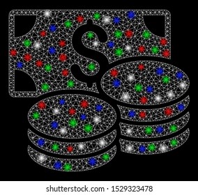 Bright mesh cash with lightspot effect. White wire carcass polygonal mesh in vector format on a black background. Abstract 2d mesh designed with polygonal grid, small circle, colored flare spots.