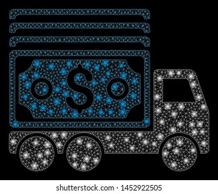 Bright mesh cash lorry with glare effect. Abstract illuminated model of cash lorry icon. Shiny wire carcass triangular mesh cash lorry abstraction in vector format on a black background.