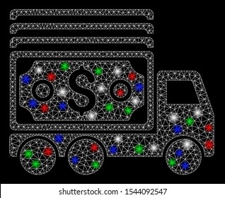 Bright mesh cash lorry with glare effect. White wire carcass triangular mesh in vector format on a black background. Abstract 2d mesh created from triangular lines, points, colored glare spots.