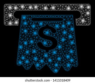Bright mesh cash machine with glare effect. Abstract illuminated model of cash machine icon. Shiny wire frame polygonal network cash machine abstraction in vector format on a black background.