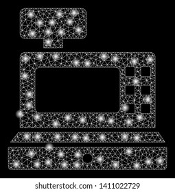 Bright mesh cash machine with glare effect. Abstract illuminated model of cash machine icon. Shiny wire frame polygonal mesh cash machine abstraction in vector format on a black background.
