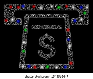 Bright mesh cash machine with glow effect. White wire frame triangular mesh in vector format on a black background. Abstract 2d mesh designed with triangular lines, dots, colorful flare spots.