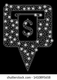 Bright mesh cash machine map pointer with glow effect. Abstract illuminated model of cash machine map pointer icon.