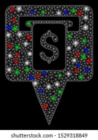 Bright mesh cash machine map pointer with glare effect. White wire frame triangular mesh in vector format on a black background. Abstract 2d mesh designed with triangular lines, round dots,