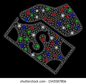Bright mesh cash payment with glare effect. White wire frame triangular mesh in vector format on a black background. Abstract 2d mesh designed with triangles, dots, colorful flash spots.