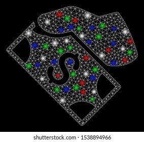 Bright mesh cash payment hand with glow effect. White wire carcass triangular mesh in vector format on a black background. Abstract 2d mesh designed with triangles, small circle, colored light spots.