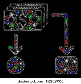 Bright mesh cashflow with glow effect. White wire carcass polygonal mesh in vector format on a black background. Abstract 2d mesh created from polygonal grid, round dots, colored light spots.