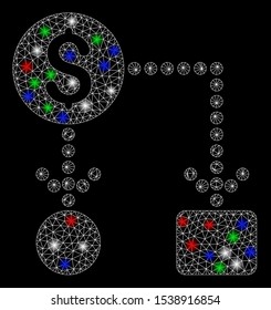 Bright mesh cashflow with glow effect. White wire frame triangular mesh in vector format on a black background. Abstract 2d mesh designed with triangular lines, dots, colorful flash spots.