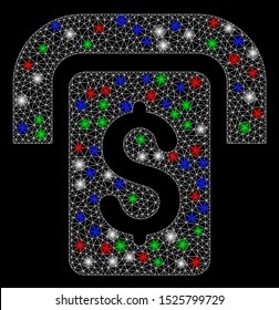 Bright mesh cashpoint with glare effect. White wire frame polygonal mesh in vector format on a black background. Abstract 2d mesh designed with polygonal grid, round dots, colored flash spots.