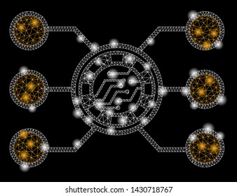Bright mesh casino chip circuit with glare effect. Abstract illuminated model of casino chip circuit icon. Shiny wire frame triangular mesh casino chip circuit.