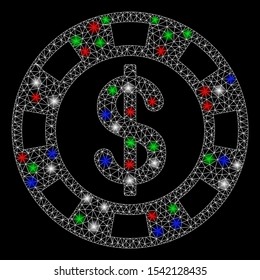 Bright mesh casino chip with glare effect. White wire carcass polygonal network in vector format on a black background. Abstract 2d mesh created from polygonal grid, small circle,