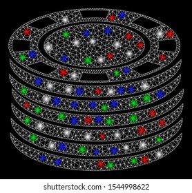 Bright mesh casino chip stack with glow effect. White wire carcass triangular mesh in vector format on a black background. Abstract 2d mesh built from triangular lines, spheric points,