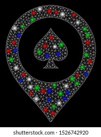 Bright mesh casino map marker with glare effect. White wire frame triangular mesh in vector format on a black background. Abstract 2d mesh created from polygonal grid, points, colorful glare spots.