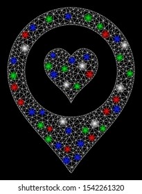 Bright mesh casino map marker with glare effect. White wire frame triangular mesh in vector format on a black background. Abstract 2d mesh designed with triangular lines, points, colorful glare spots.