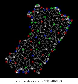 Bright mesh Castellon Province map with lightspot effect. Wire carcass triangular mesh in vector format on a black background. Abstract 2d mesh designed with triangular lines, round dots,