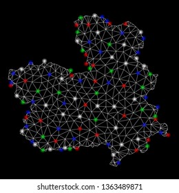 Bright mesh Castile-La Mancha Province map with glow effect. Wire carcass polygonal mesh in vector format on a black background. Abstract 2d mesh designed with polygonal grid, small circle,