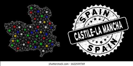 Bright mesh Castile-La Mancha Province map with lightspot effect, and rubber print. Wire frame triangular Castile-La Mancha Province map mesh in vector format on a black background.