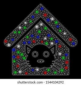 Bright mesh cat house with lightspot effect. White wire frame polygonal mesh in vector format on a black background. Abstract 2d mesh designed with triangular lines, round dots, colored glare spots.