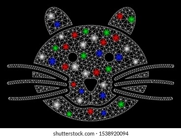 Bright mesh cat with lightspot effect. White wire frame polygonal mesh in vector format on a black background. Abstract 2d mesh created from polygonal grid, dots, colored light spots.