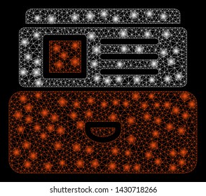 Bright mesh catalog with lightspot effect. Abstract illuminated model of catalog icon. Shiny wire carcass polygonal mesh catalog. Vector abstraction on a black background.