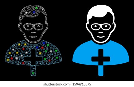 Bright mesh catholic shepherd icon with lightspot effect. Abstract illuminated model of catholic shepherd. Shiny wire carcass triangular mesh catholic shepherd icon.