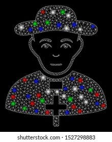 Bright mesh catholic shepherd with lightspot effect. White wire frame polygonal mesh in vector format on a black background. Abstract 2d mesh designed with polygonal grid, small circle,