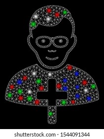 Bright mesh catholic shepherd with lightspot effect. White wire frame triangular mesh in vector format on a black background. Abstract 2d mesh designed with triangular lines, dots,