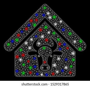 Bright mesh cattle farm with glow effect. White wire frame triangular mesh in vector format on a black background. Abstract 2d mesh created from triangular lines, round dots, colored flare spots.