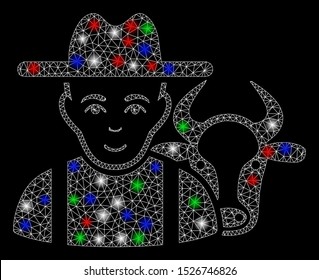 Bright mesh cattle farmer with glare effect. White wire carcass polygonal network in vector format on a black background. Abstract 2d mesh designed with polygonal grid, dots, colorful glare spots.
