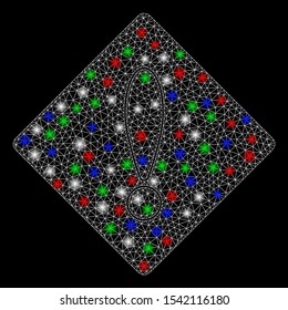 Bright mesh caution with glow effect. White wire carcass polygonal mesh in vector format on a black background. Abstract 2d mesh designed with polygonal grid, small circle, colorful flash spots.