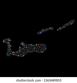 Bright mesh Cayman Islands map with lightspot effect. Wire carcass polygonal mesh in vector format on a black background. Abstract 2d mesh designed with polygonal grid, spheric points,