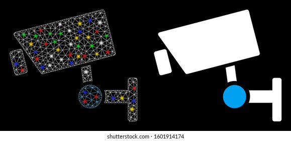 Bright mesh CCTV camera icon with glare effect. Abstract illuminated model of CCTV camera. Vector abstraction on a black background.