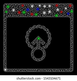 Bright mesh cell penetration calendar page with glow effect. White wire carcass polygonal mesh in vector format on a black background. Abstract 2d mesh built from polygonal grid, round dots,