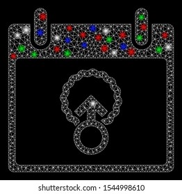 Bright mesh cell penetration calendar day with glow effect. White wire frame polygonal mesh in vector format on a black background. Abstract 2d mesh designed with triangular lines, round dots,