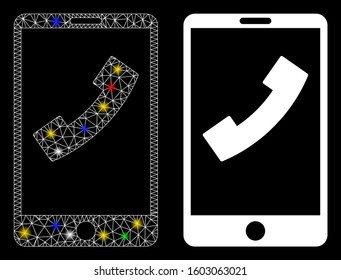 Bright mesh cell phone icon with lightspot effect. Abstract illuminated model of cell phone. Shiny wire carcass triangular mesh cell phone icon. Vector abstraction on a black background.