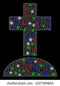 Bright mesh cemetery cross with lightspot effect. White wire carcass triangular mesh in vector format on a black background. Abstract 2d mesh created from triangular lines, round dots,