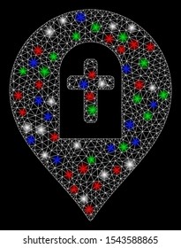 Bright mesh cemetery marker with glow effect. White wire frame polygonal mesh in vector format on a black background. Abstract 2d mesh designed with polygonal grid, dots, colored flash spots.